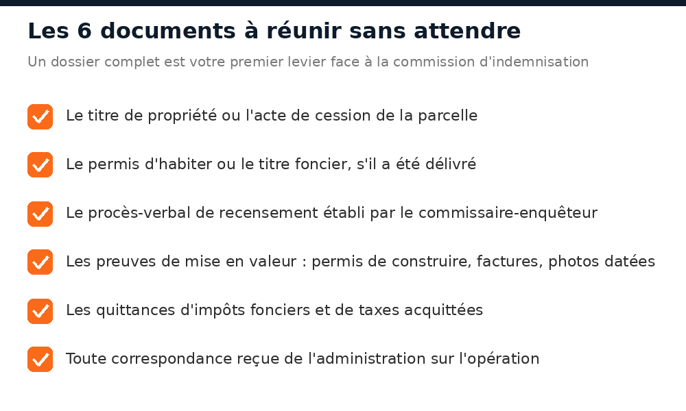 Les 6 documents à réunir face à une expropriation : titre de propriété, PV de recensement, preuves de mise en valeur